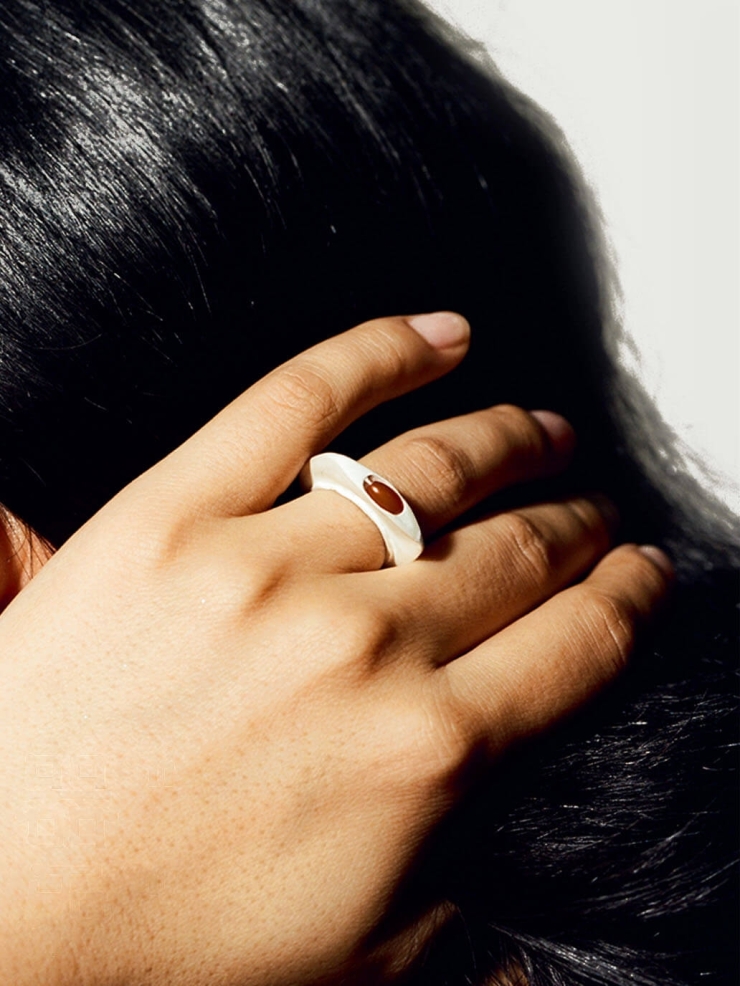 Silver and red wafer amber ring