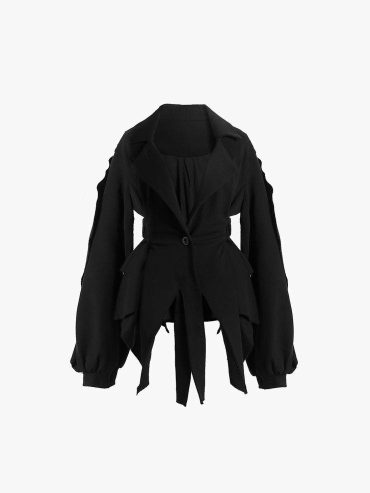 ELYWOOD Black Tight Waist Blazer with Asymmetric Hem