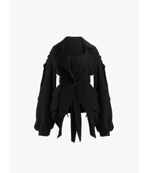 ELYWOOD Black Tight Waist Blazer with Asymmetric Hem
