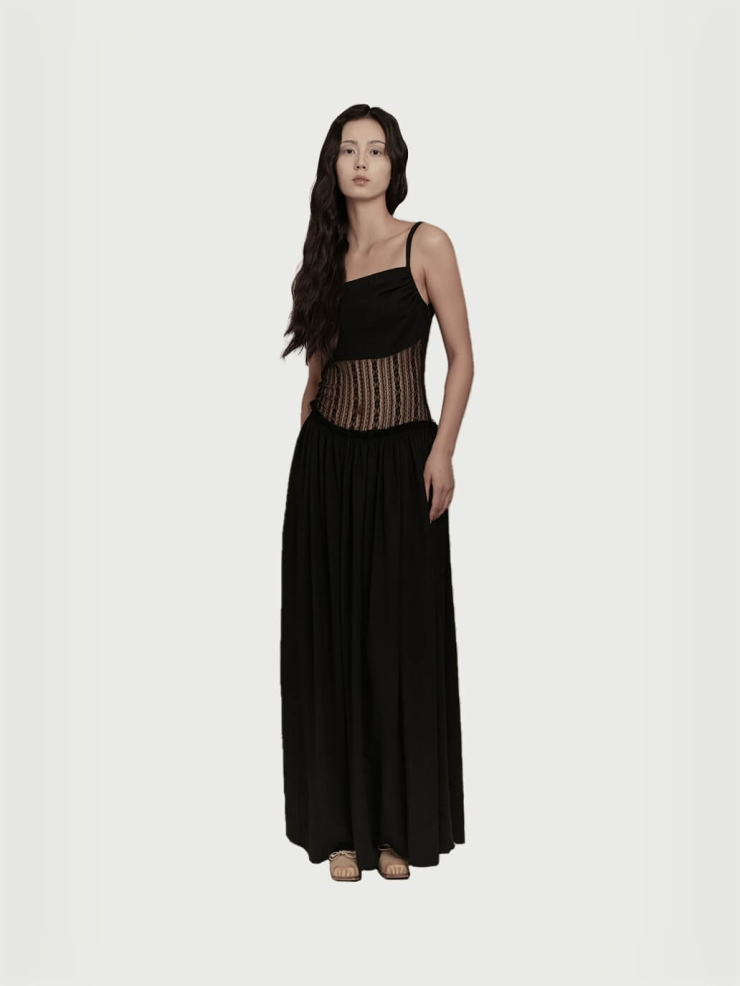 Black linen dress with lace at wast
