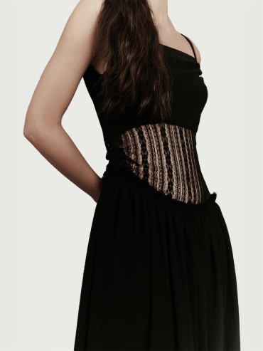 Black linen dress with lace at wast