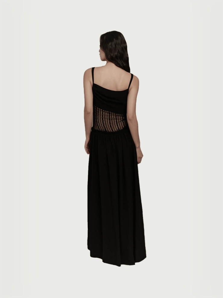 Black linen dress with lace at wast