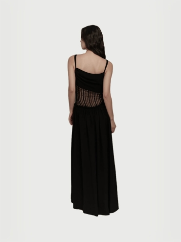 Black linen dress with lace at wast