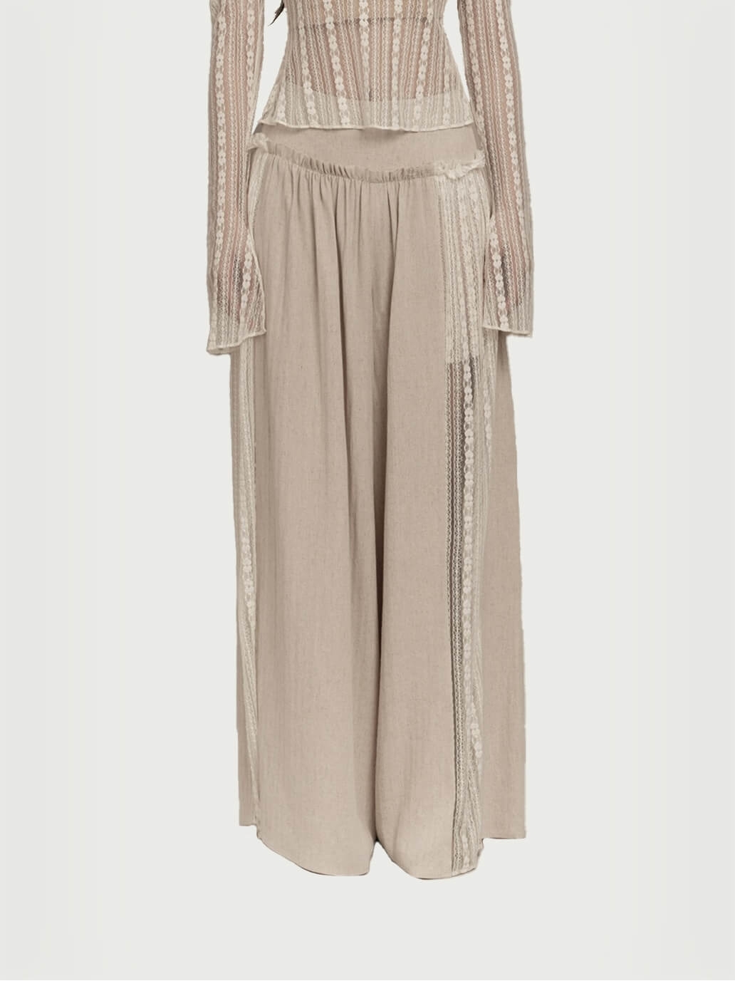 Beige lace spliced wide leg skirt pants