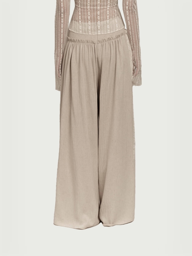 Beige lace spliced wide leg skirt pants