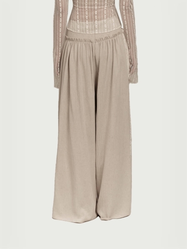Beige lace spliced wide leg skirt pants