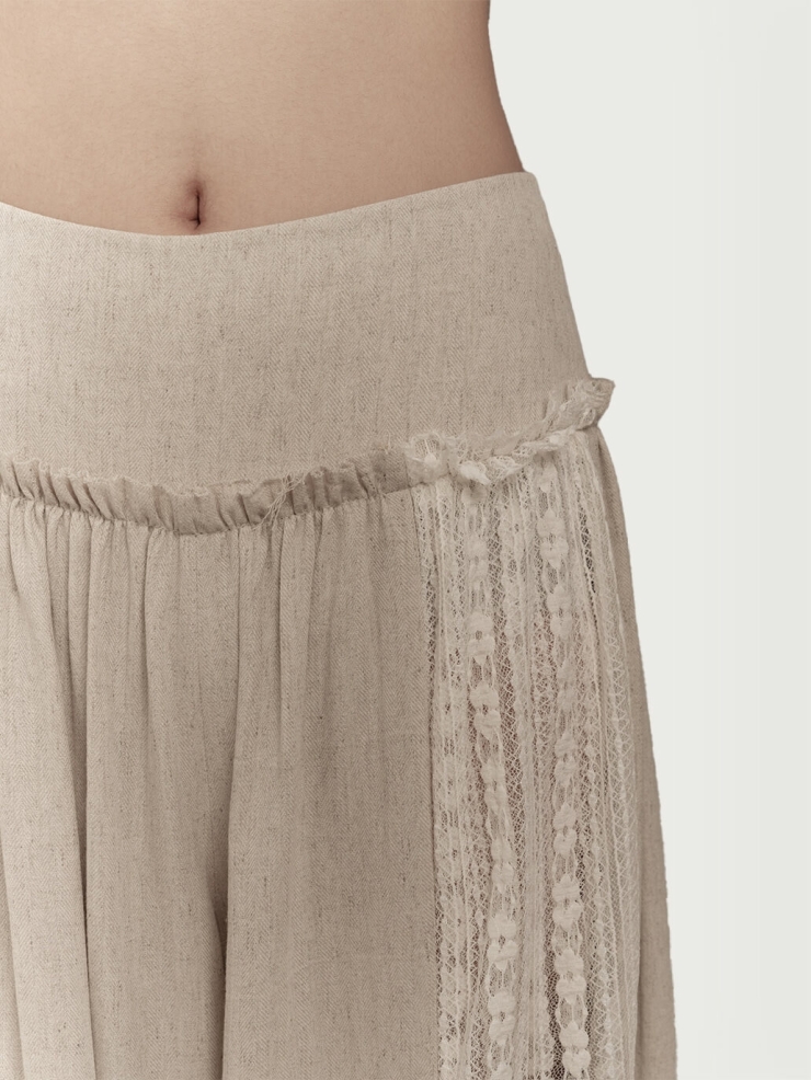 Beige lace spliced wide leg skirt pants