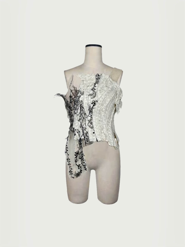 White Embroidered Mesh Recycled Linen Sheath Top