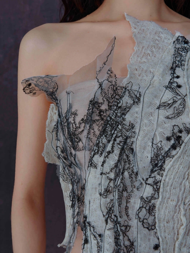 White Embroidered Mesh Recycled Linen Sheath Top