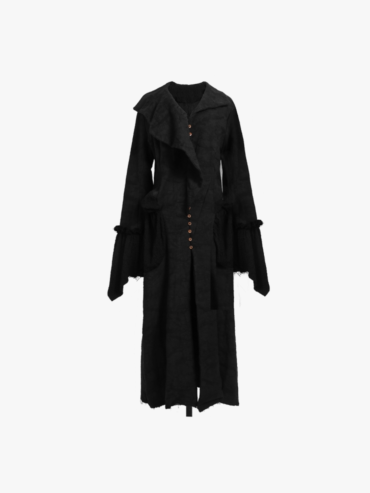 ELYWOOD Black Ruffled Collar Buttoned Long Coat