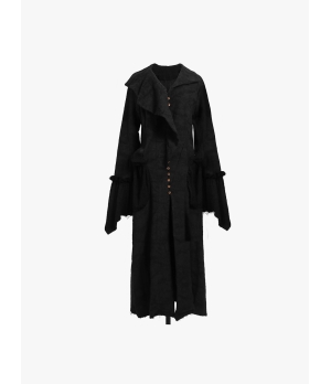 ELYWOOD Black Ruffled Collar Buttoned Long Coat