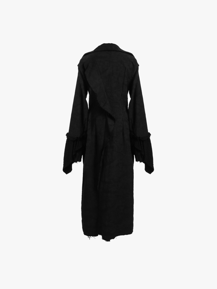 ELYWOOD Black Ruffled Collar Buttoned Long Coat