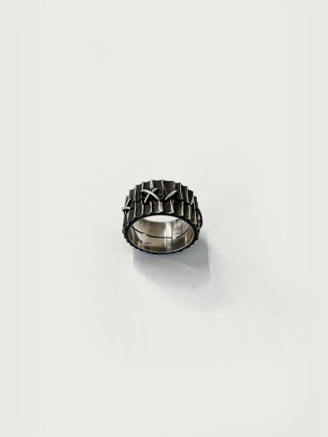 Black stitch silver wide ring