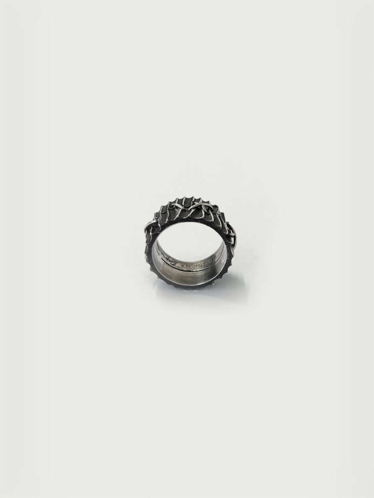 Black stitch silver wide ring