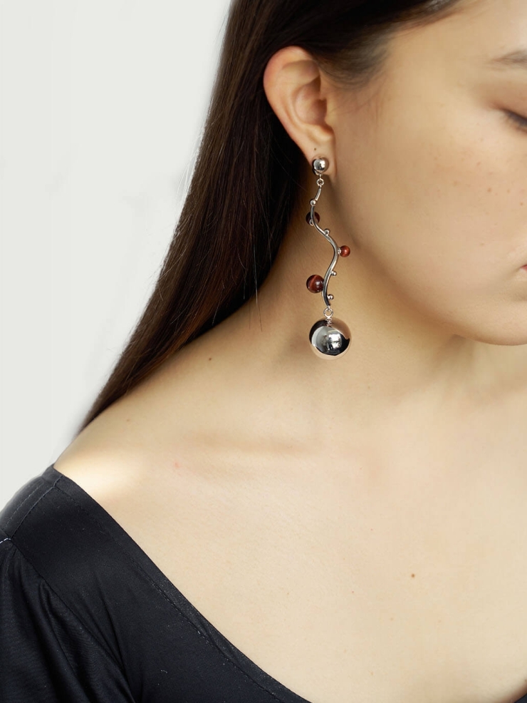 Silver Red Tiger's Eye Spherical Earrings