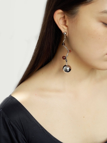 Silver Red Tiger's Eye Spherical Earrings