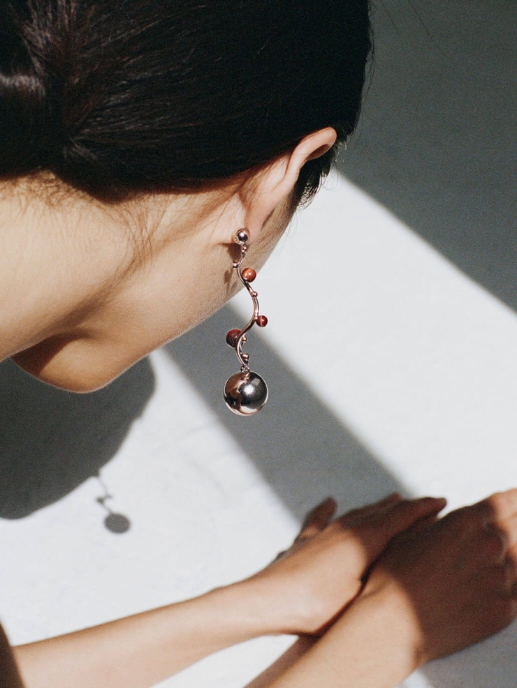 Silver Red Tiger's Eye Spherical Earrings