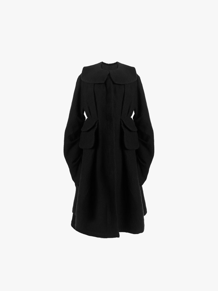 ELYWOOD Black Frill Collar Flared Long Coat