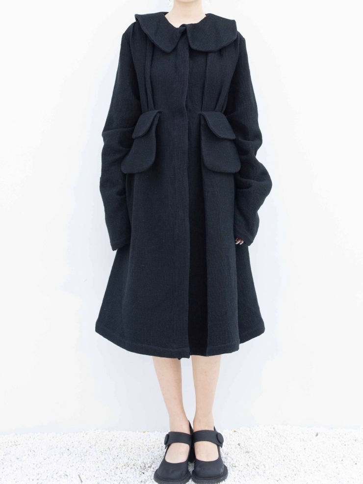 ELYWOOD Black Frill Collar Flared Long Coat