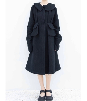 ELYWOOD Black Frill Collar Flared Long Coat