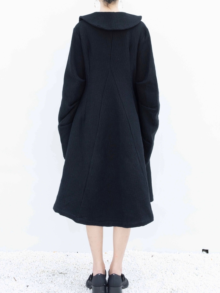 ELYWOOD Black Frill Collar Flared Long Coat