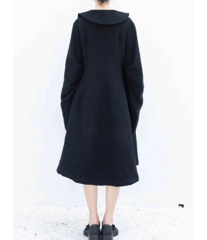 ELYWOOD Black Frill Collar Flared Long Coat