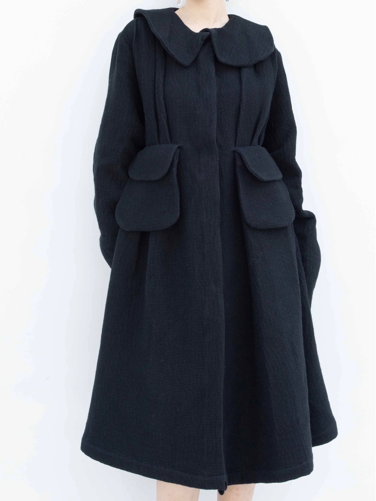 ELYWOOD Black Frill Collar Flared Long Coat