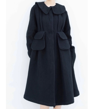 ELYWOOD Black Frill Collar Flared Long Coat