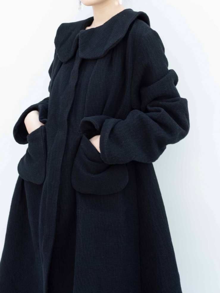 ELYWOOD Black Frill Collar Flared Long Coat
