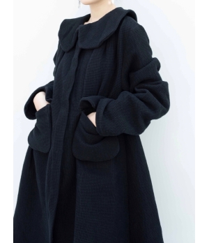 ELYWOOD Black Frill Collar Flared Long Coat