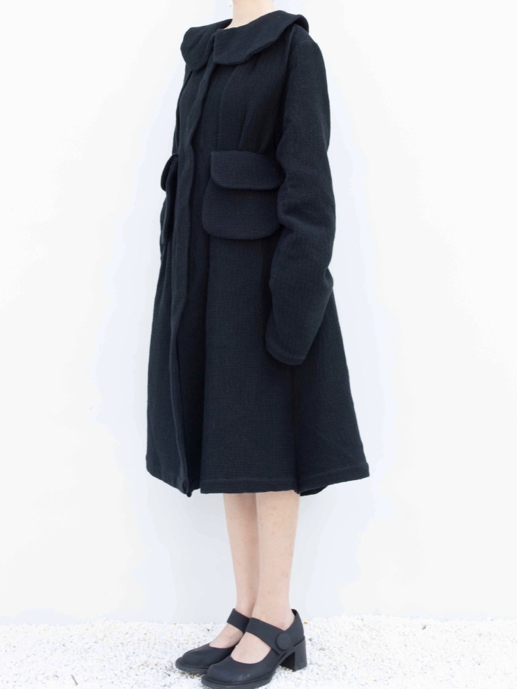 ELYWOOD Black Frill Collar Flared Long Coat