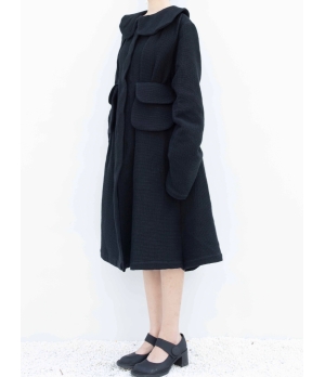 ELYWOOD Black Frill Collar Flared Long Coat