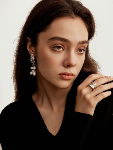 Silver Rotating Rock Pearl Earrings