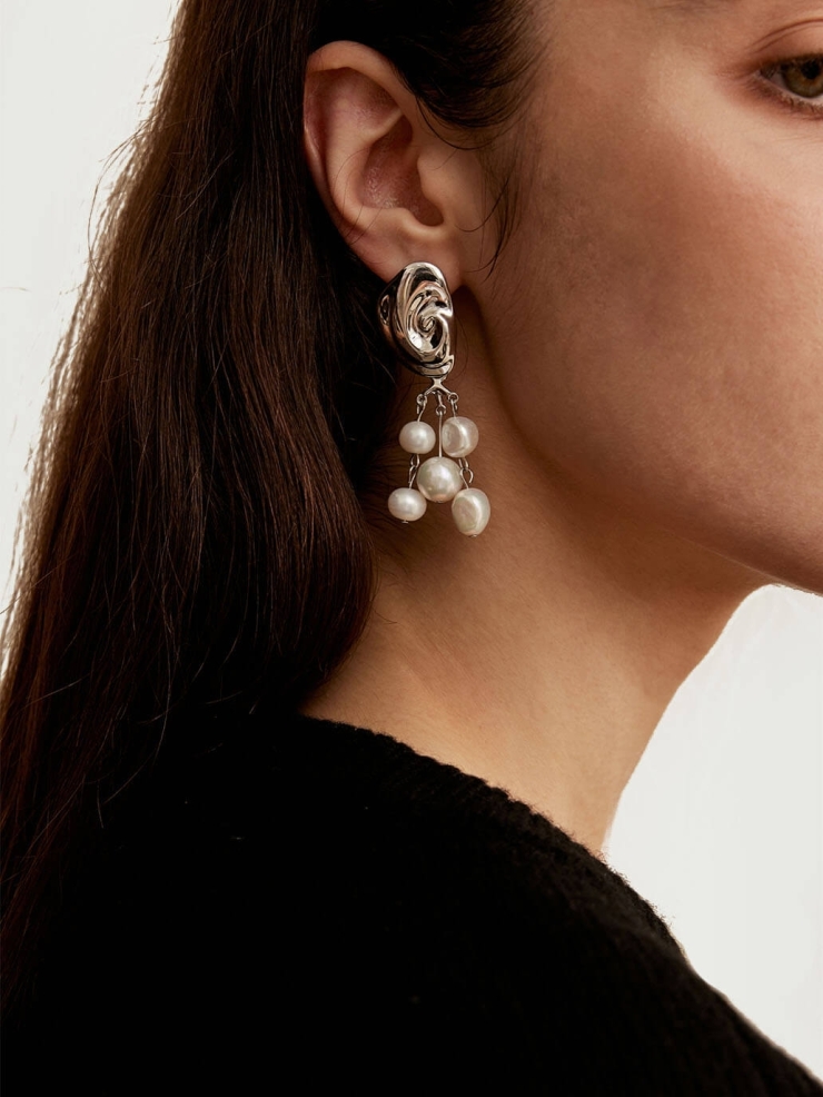 Silver Rotating Rock Pearl Earrings