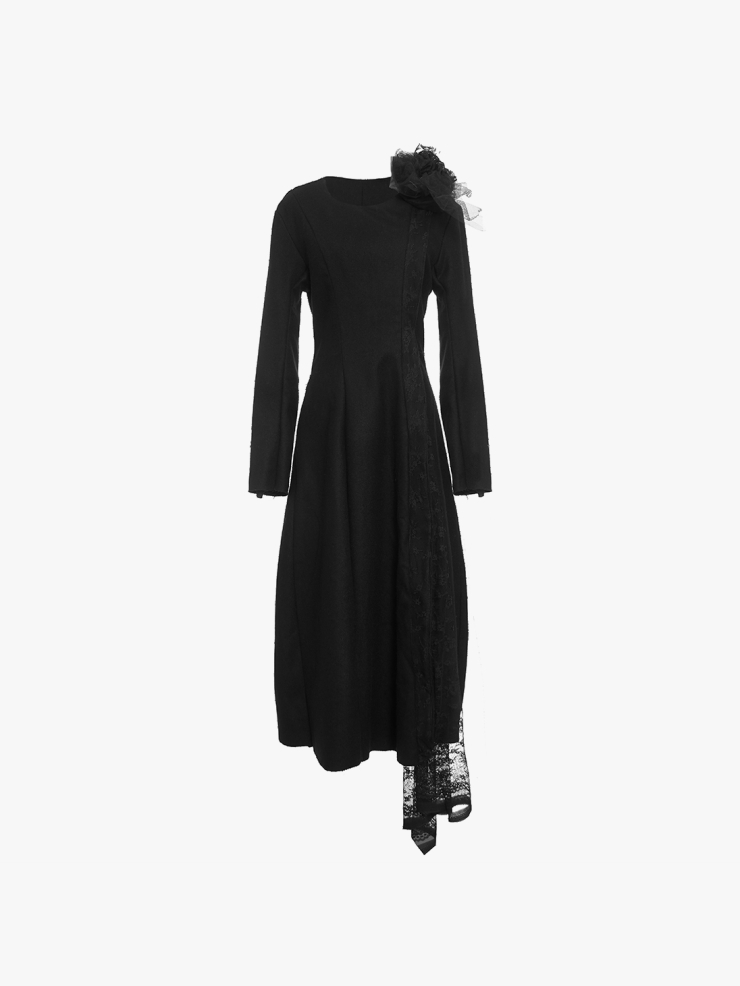ELYWOOD Black Asymmetrical Lace Long Coat