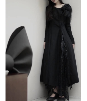 ELYWOOD Black Asymmetrical Lace Long Coat