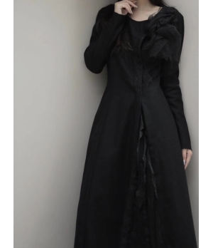 ELYWOOD Black Asymmetrical Lace Long Coat