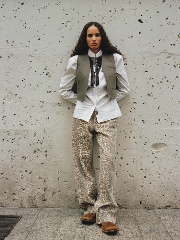 Brown Leopard Printing Panelled Loose Jeans