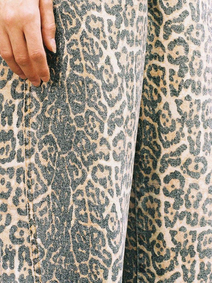 Brown Leopard Printing Panelled Loose Jeans