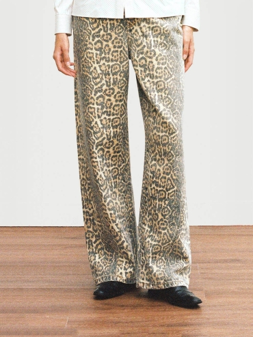 Brown Leopard Printing Panelled Loose Jeans