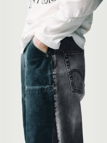 Gray&Black Panelled Wide-Leg Jeans