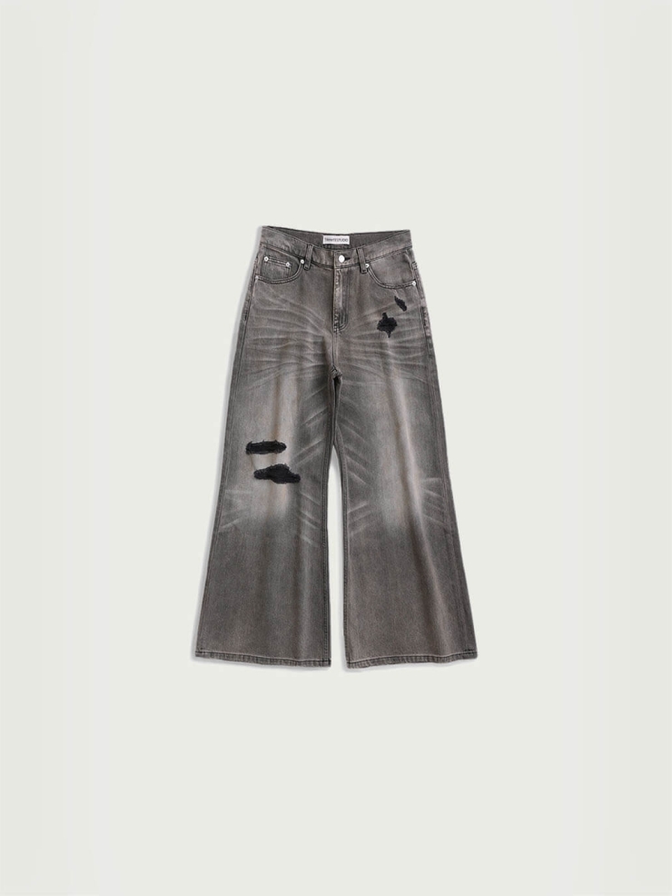Grey Destruction Flare Loose Jeans