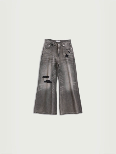 Grey Destruction Flare Loose Jeans