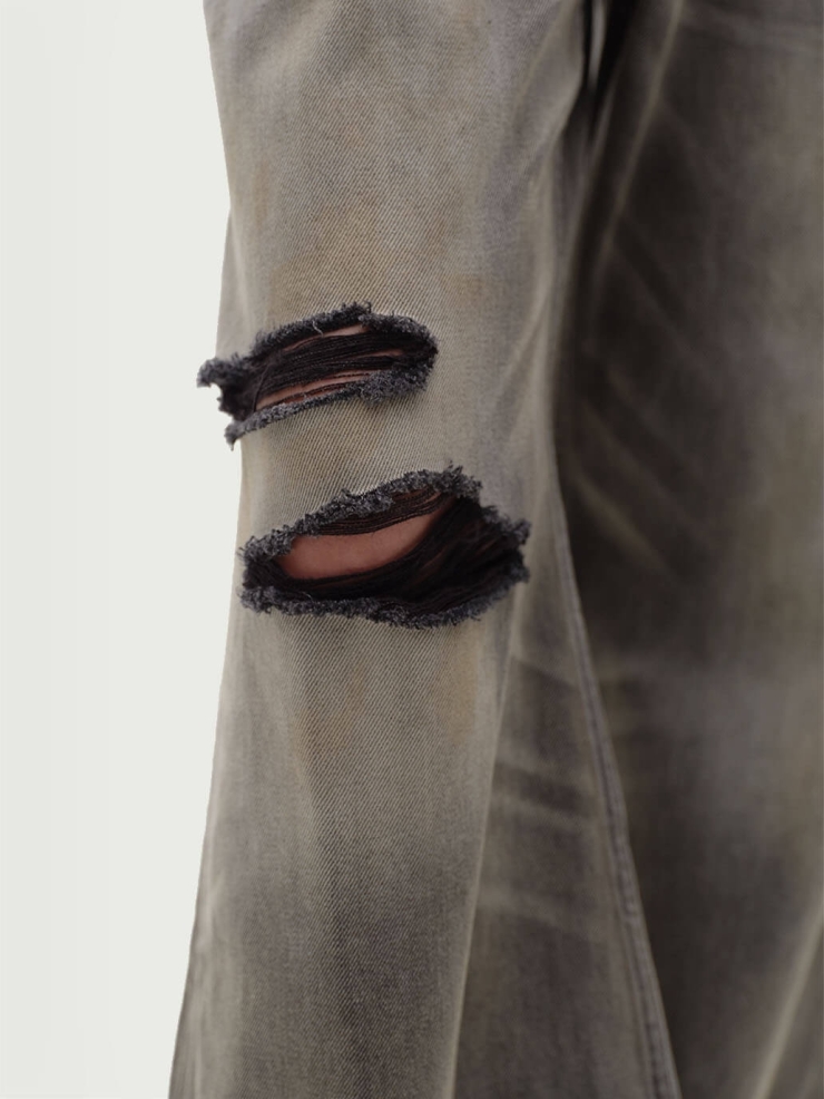 Grey Destruction Flare Loose Jeans