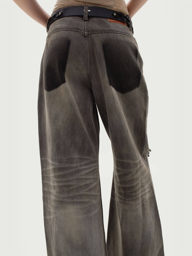 Grey Destruction Flare Loose Jeans