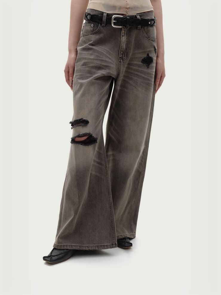 Grey Destruction Flare Loose Jeans