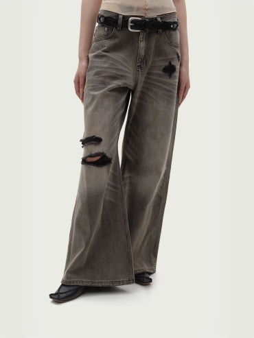 Grey Destruction Flare Loose Jeans