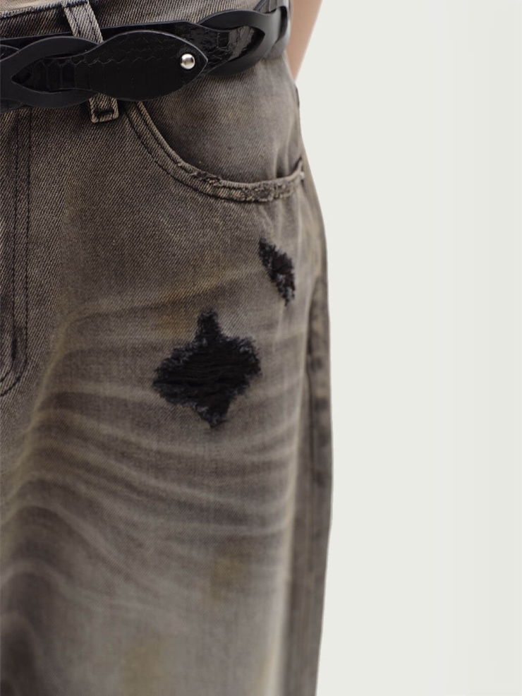 Grey Destruction Flare Loose Jeans