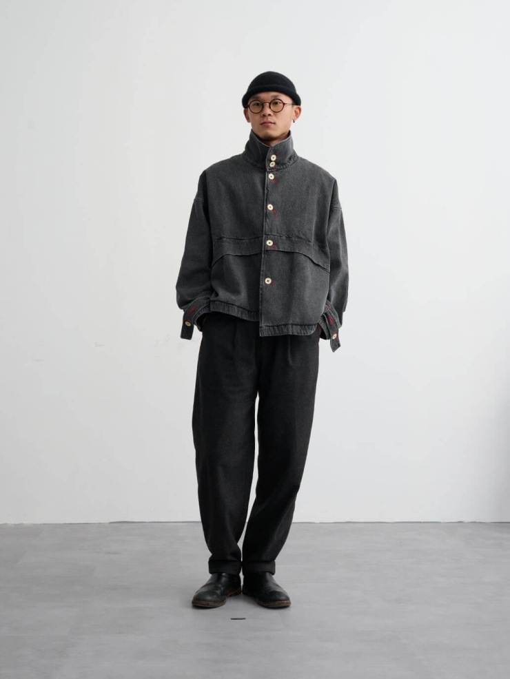 Grey cowboy-style jacket silhouette outerwear