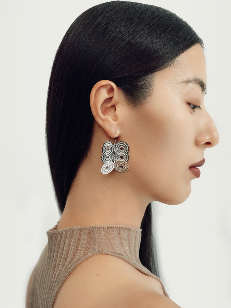 Silver Linked Beads and Cloud Pattern Short Earrings